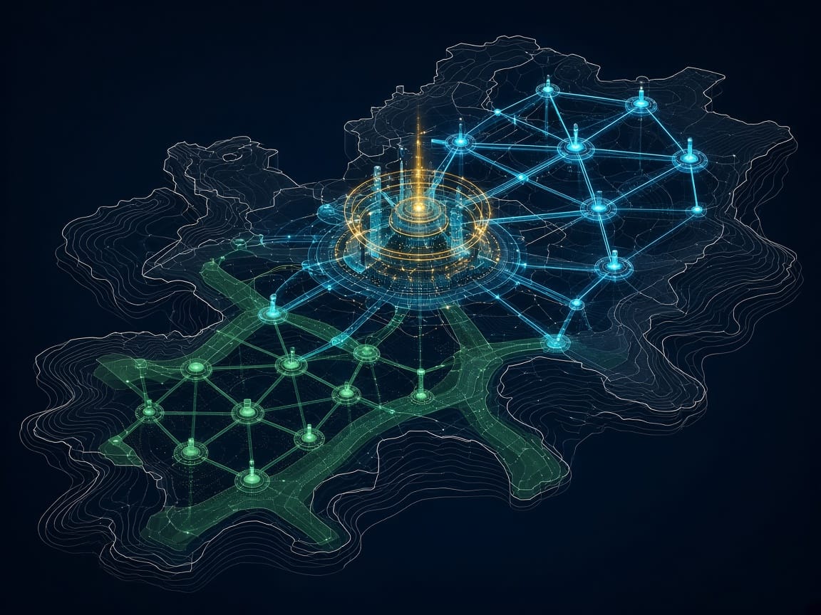 Stylized dark-mode network map detailing the EMEA lottery technology footprint and competitor positioning grids for OpenBet, OmniLogic and named peers
