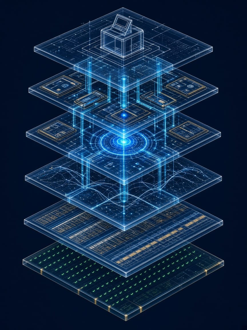 A vertical 3D isometric cross-section blueprint detailing OpenBet and OmniLogic lottery sportsbook capability stack layers from WLA controls through retail, digital and mobile delivery