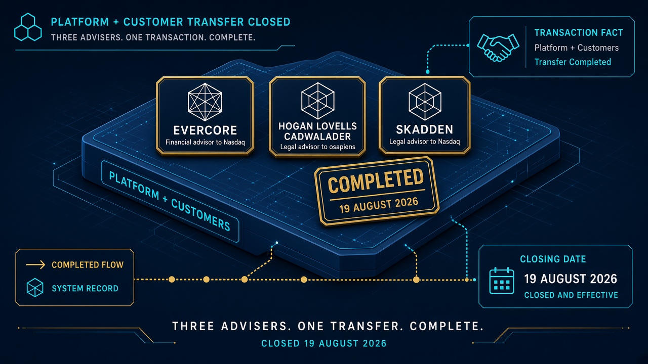Three gold adviser plates for Evercore, Hogan Lovells Cadwalader and Skadden on a navy closing desk stamped completed 19 August 2026