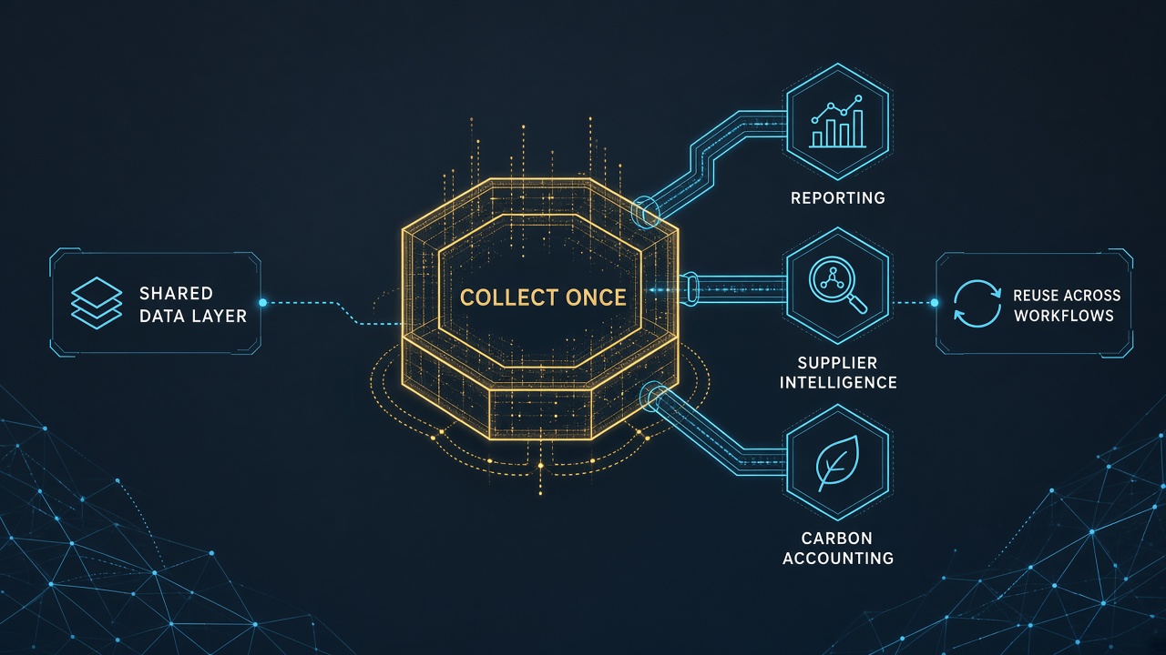Gold collect-once data well feeding cyan nodes for reporting, supplier intelligence and carbon accounting