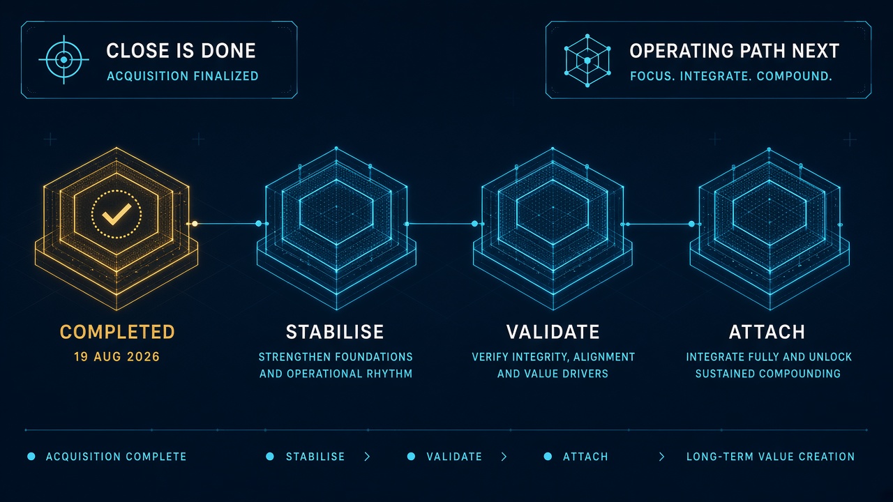 Four-step operating path with gold completed node dated 19 August 2026 then cyan stabilise, validate and attach platforms