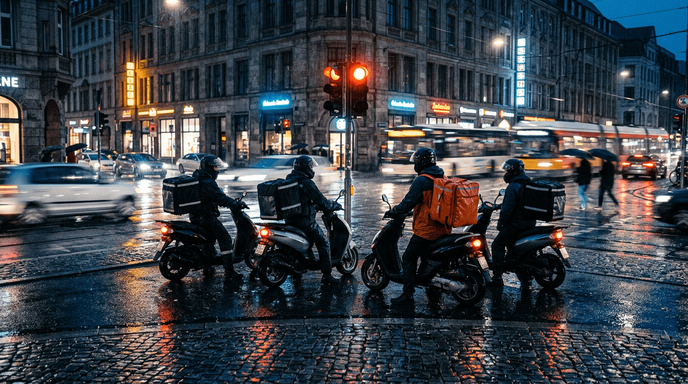 Food delivery riders on scooters waiting at a rainy night intersection in a European city