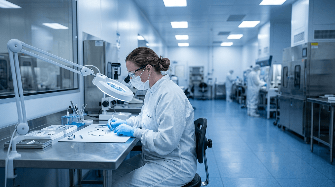 A cleanroom technician inspecting tiny precision medical components under a magnifier