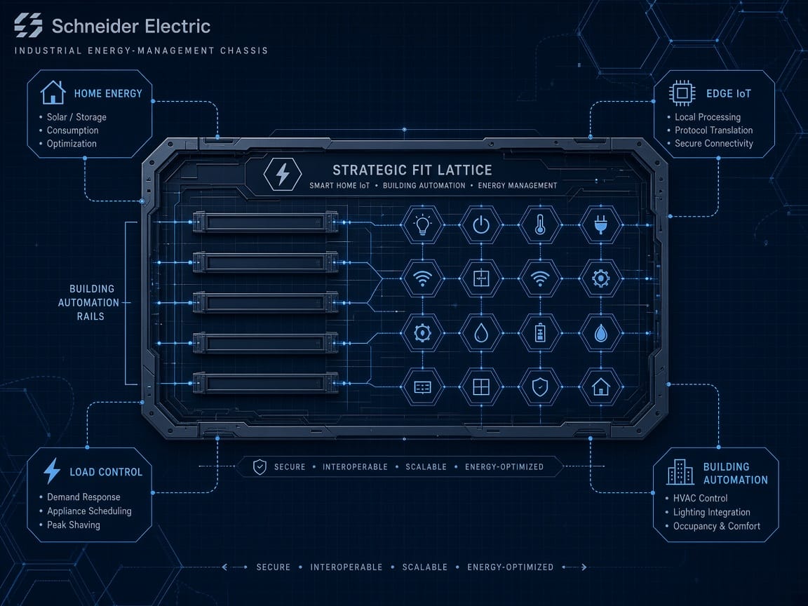 Schneider Electric building-automation chassis with Shelly smart-home IoT nodes for home energy, load control and edge devices docking into shared rails