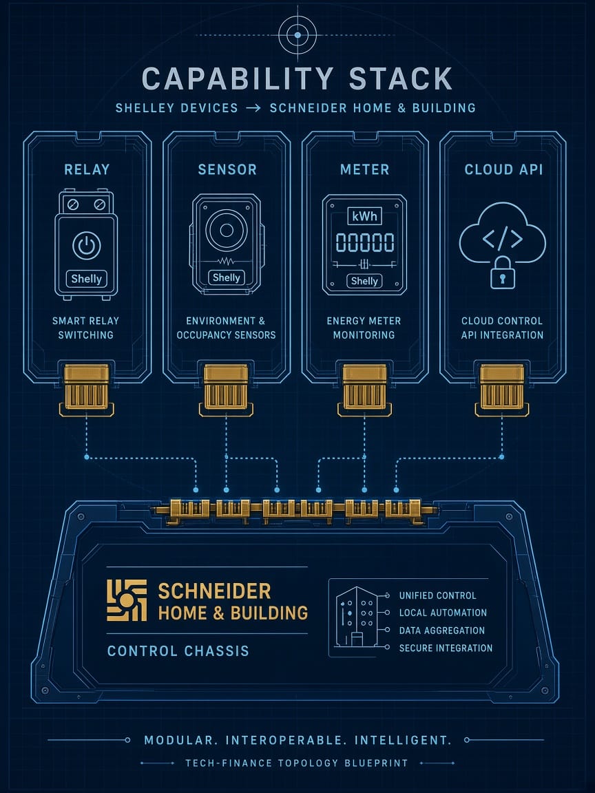 Shelly relay sensor meter and cloud API cartridges docking into Schneider home and building control stack