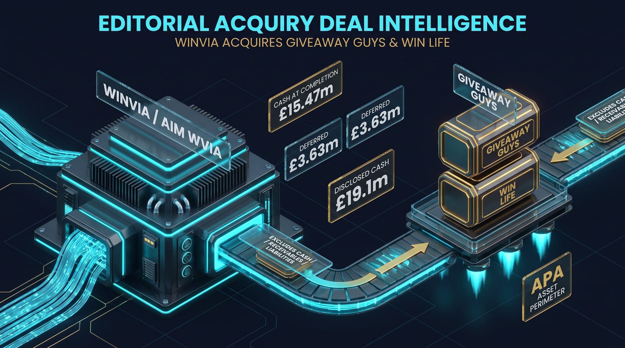 Isometric navy infographic of Winvia ingesting The Giveaway Guys and Win Life as dual gold asset flows under a £19.1m cash APA excluding cash receivables and liabilities