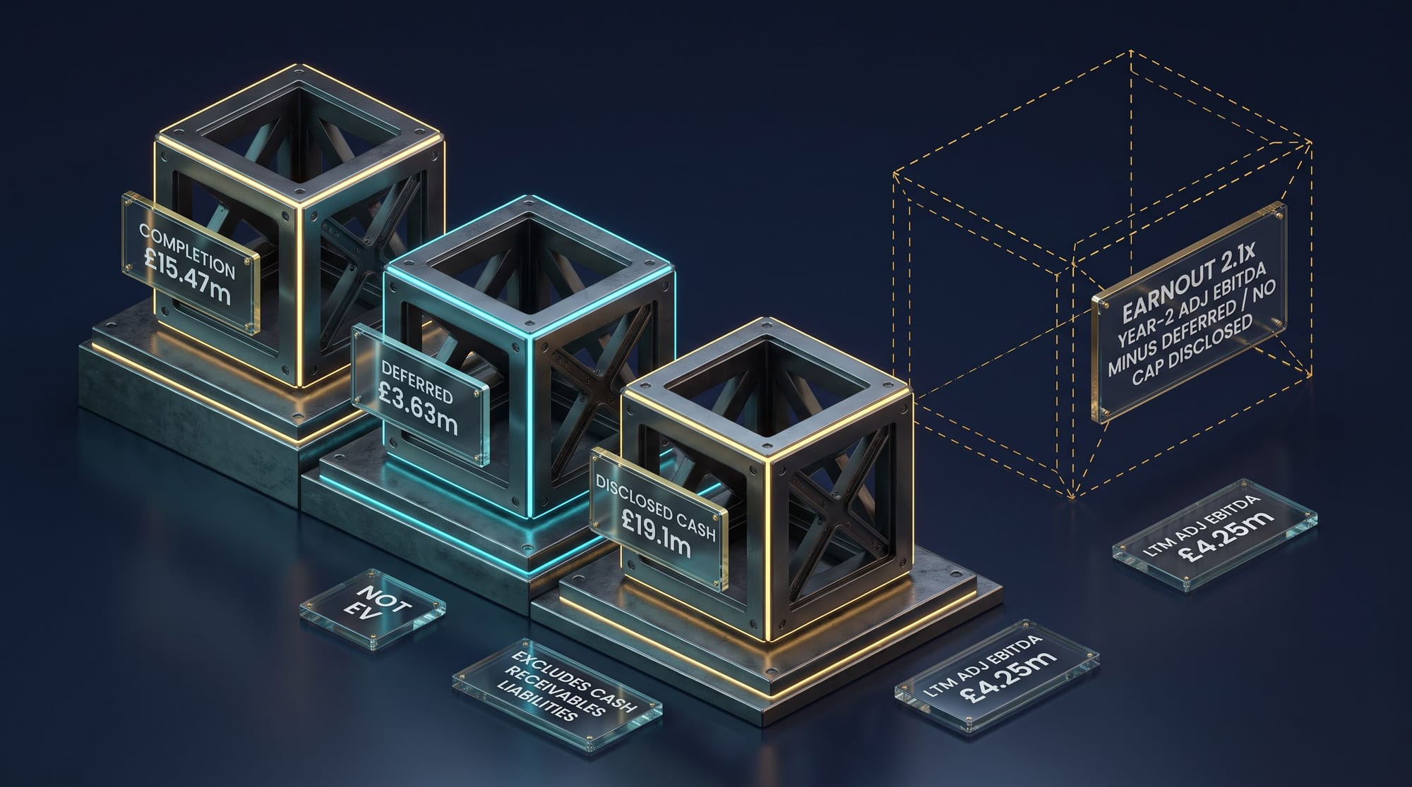 Navy isometric consideration waterfall with gold £15.47m completion block cyan £3.63m deferred block and dashed uncapped earnout cage labelled 2.1x EBITDA