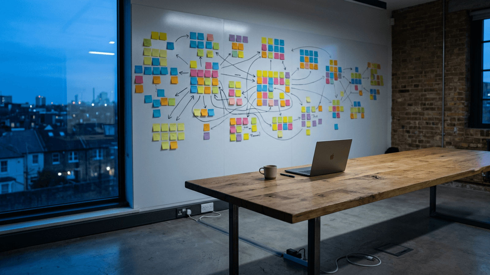 Empty product studio at dusk with a whiteboard wall of colourful sticky notes and a laptop on an oak table