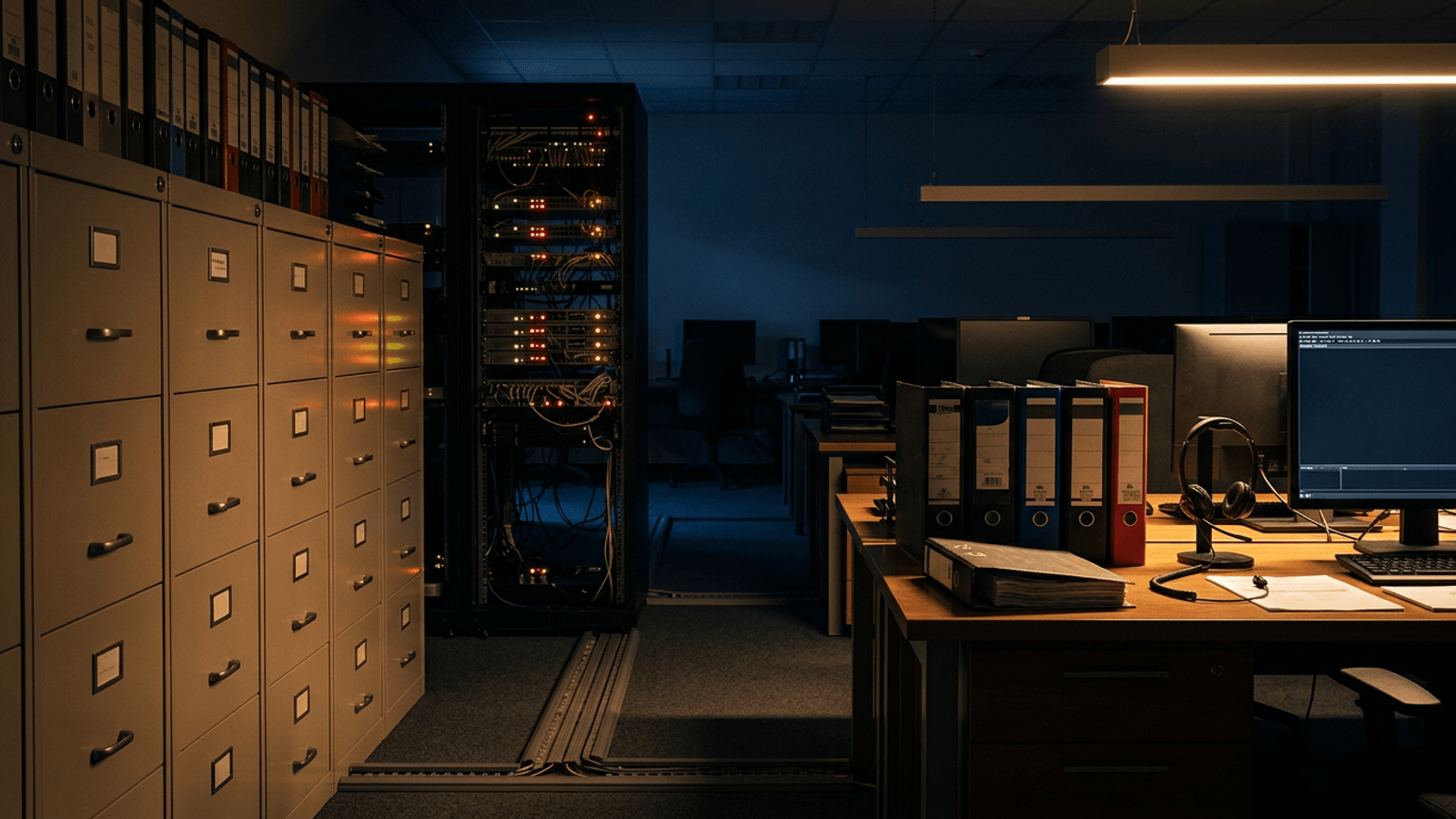 A company operations room after hours with filing cabinets, a server rack and binders of procedures