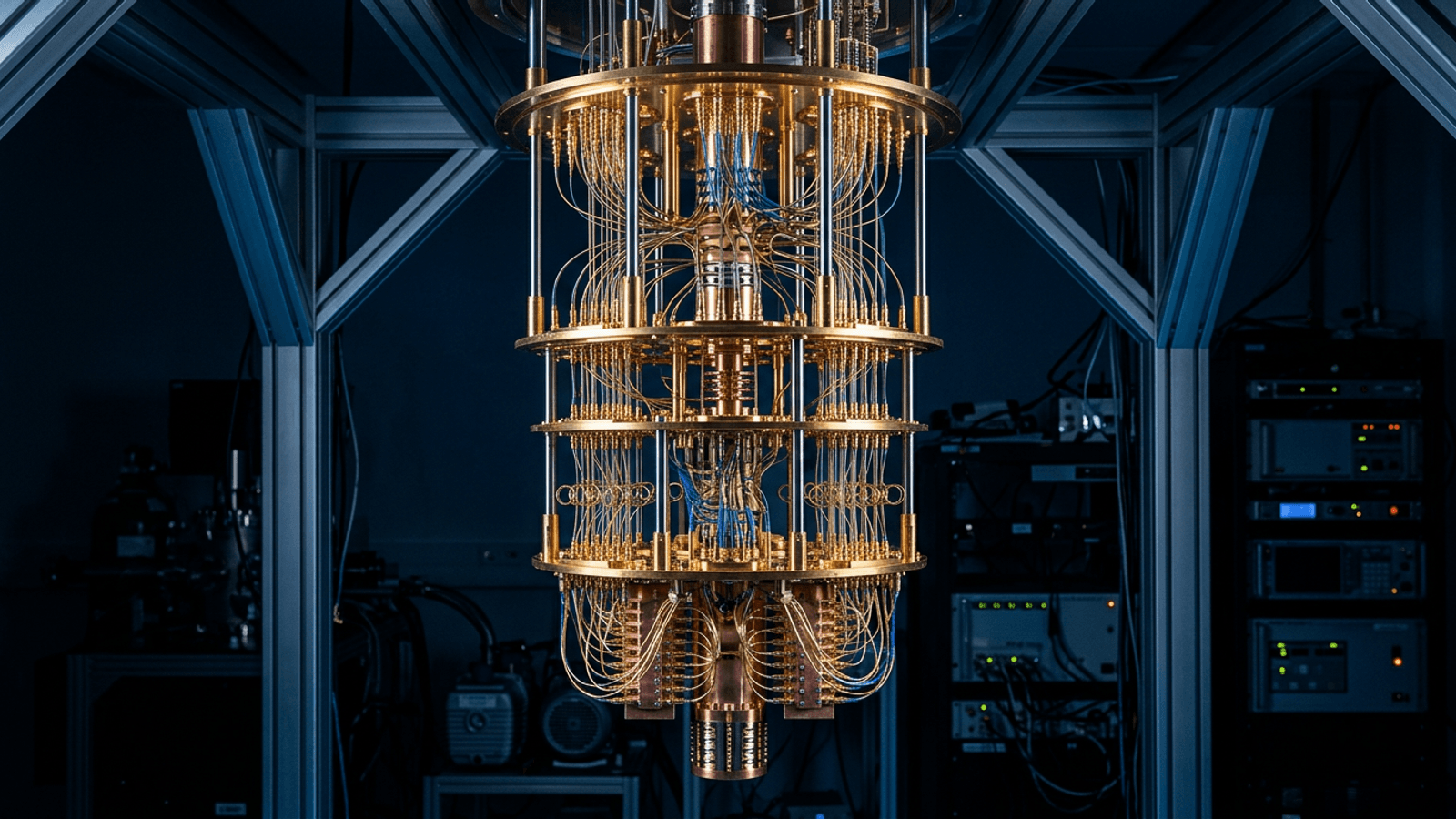 Gold and copper cryostat of a quantum computer in a laboratory