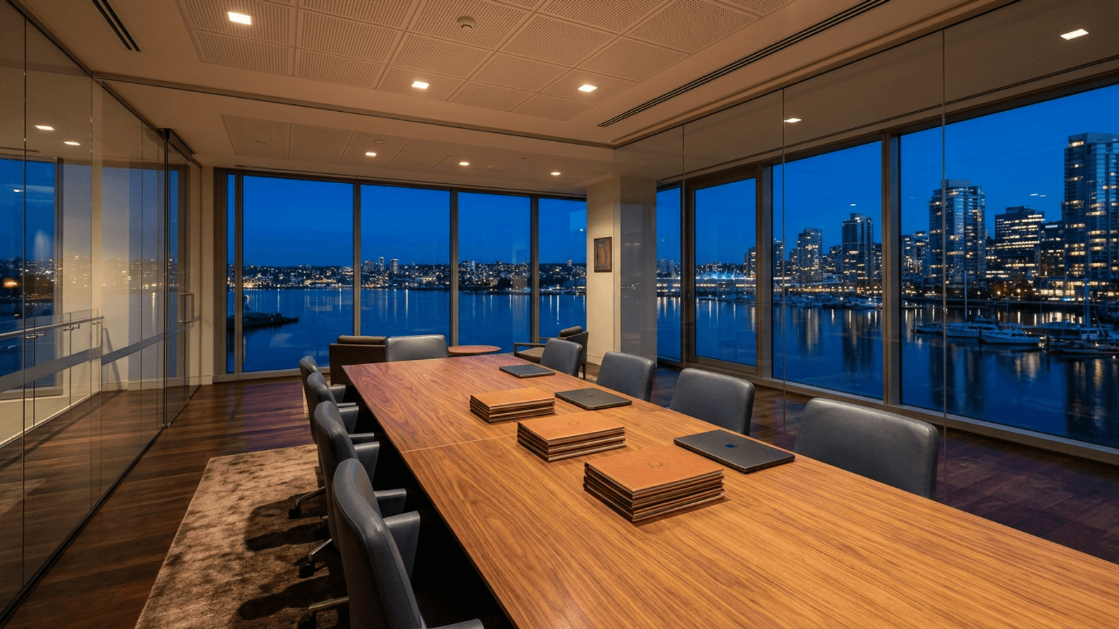 An empty glass-walled boardroom overlooking a harbour at dusk, with a long table, neatly stacked bound documents and a closed laptop