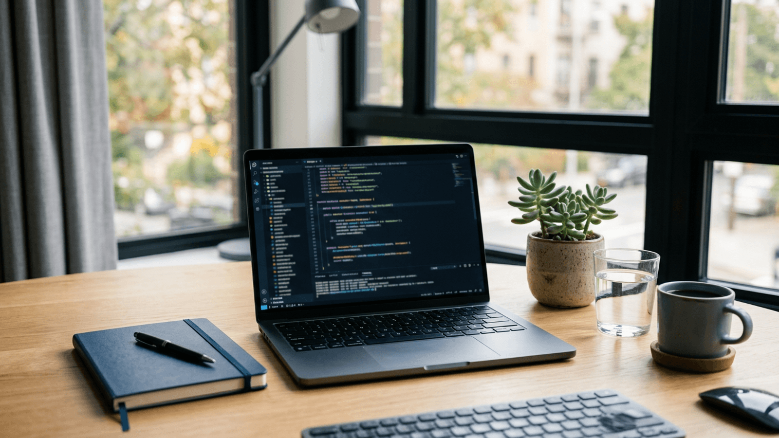 An open laptop showing source code on a desk beside a closed notebook, a pen and a coffee cup in soft daylight