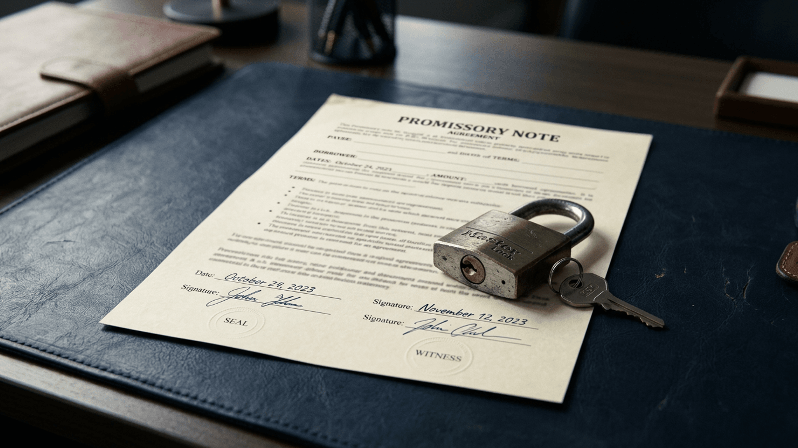 A signed promissory note under a brass paperweight on an oak desk, with a closed chequebook and reading glasses