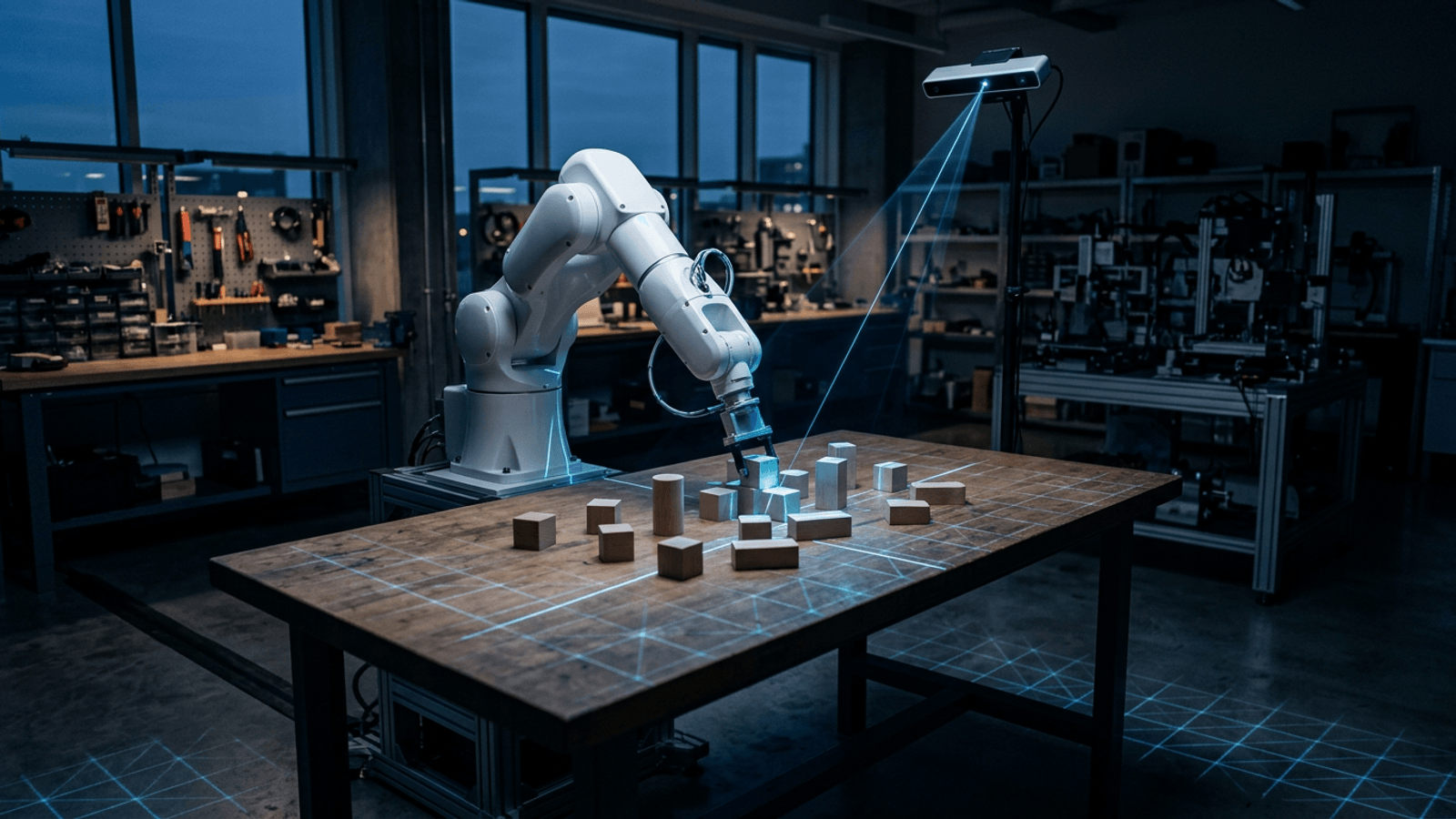 Robot arm in a research lab mapping wooden blocks with blue structured-light laser lines