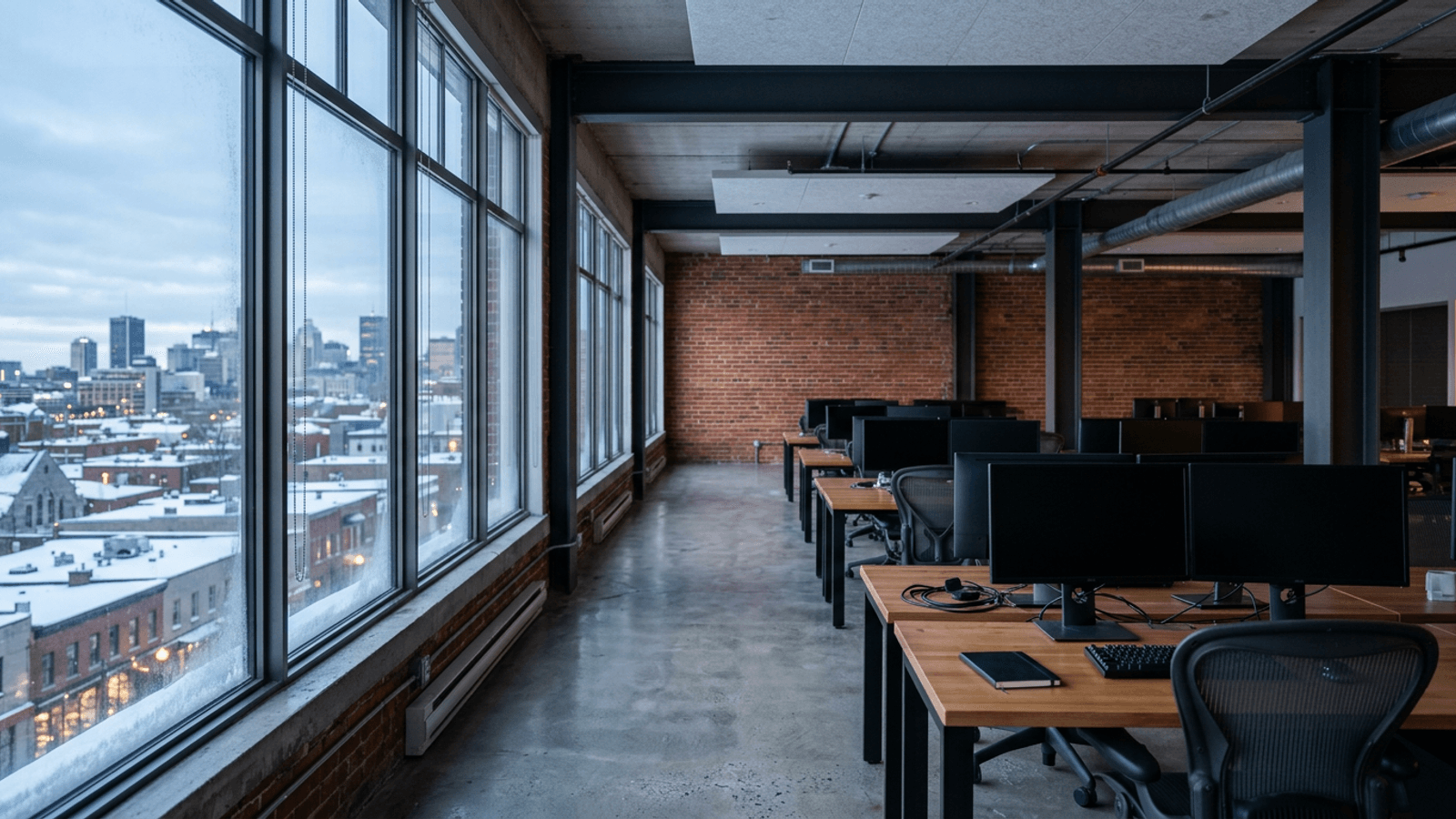 A quiet open-plan software office at early morning with rows of desks, monitors switched off and winter light across the floor