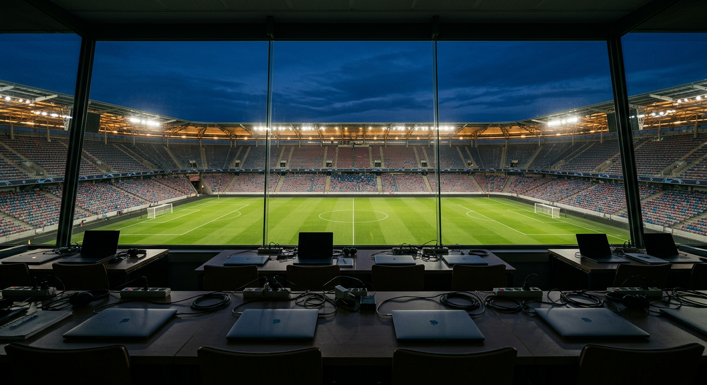 An empty stadium press box overlooking a floodlit pitch at dusk