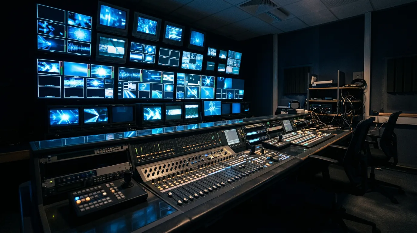 Broadcast control room with a wall of blue monitors
