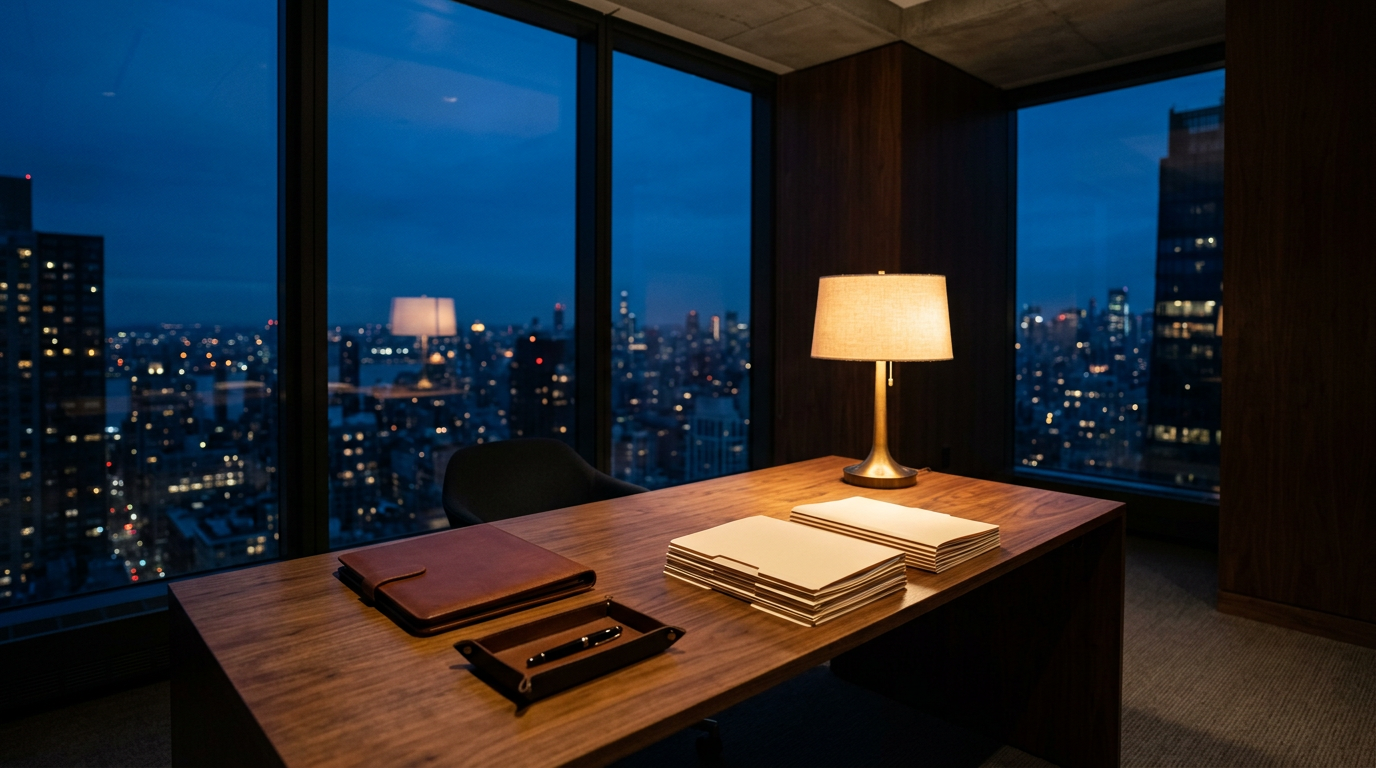 A quiet office desk at dusk with a leather folio, a fountain pen and a stack of plain folders in front of a city skyline