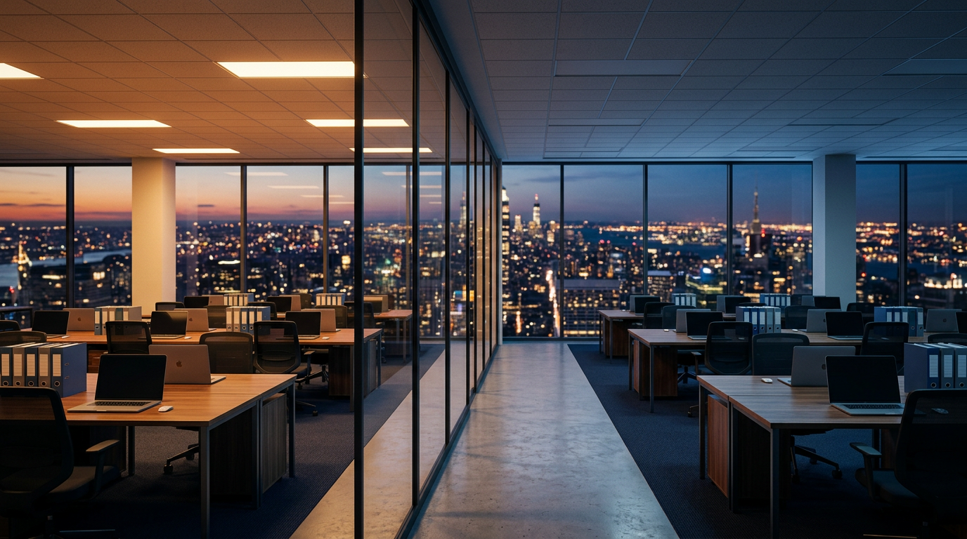 An empty office floor divided by a glass partition, one side lit warm and the other cool blue