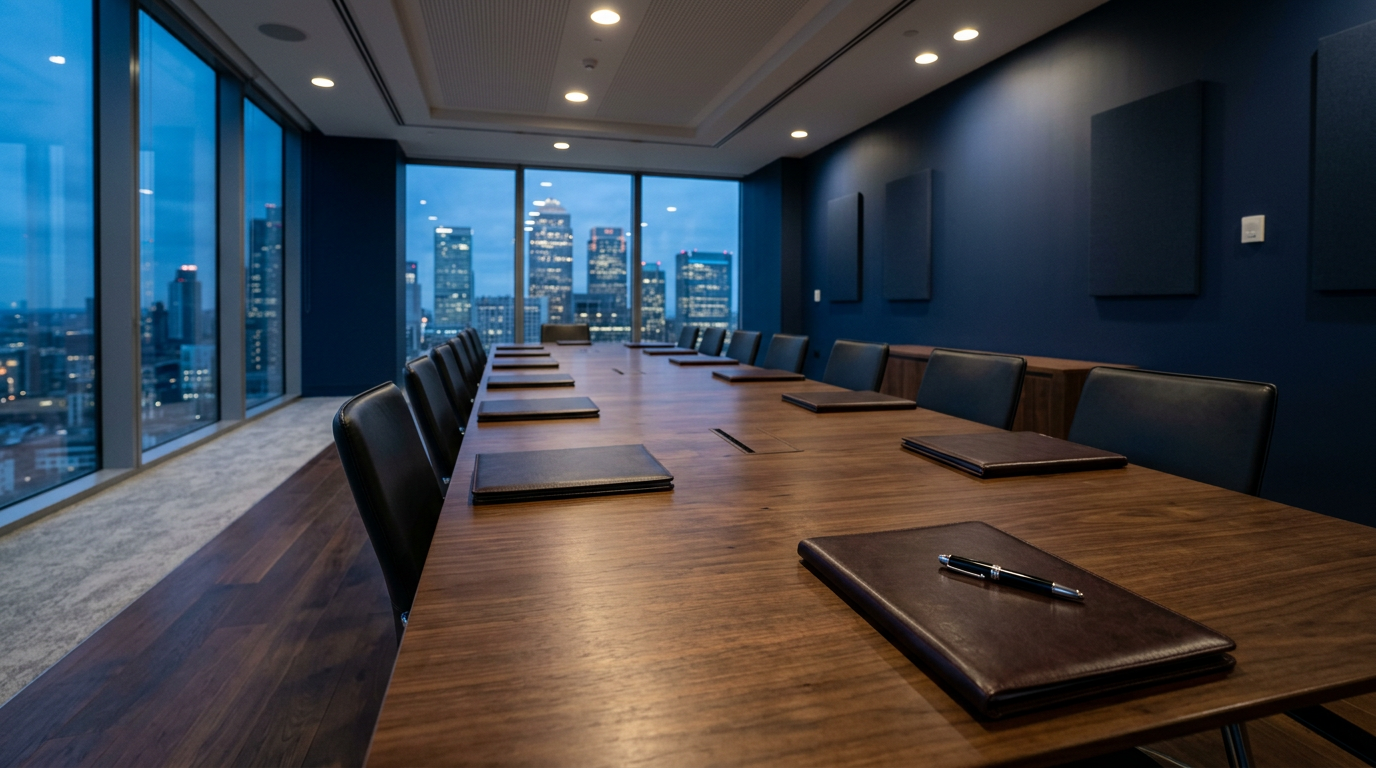 An empty boardroom at dusk with closed folders on a long walnut table