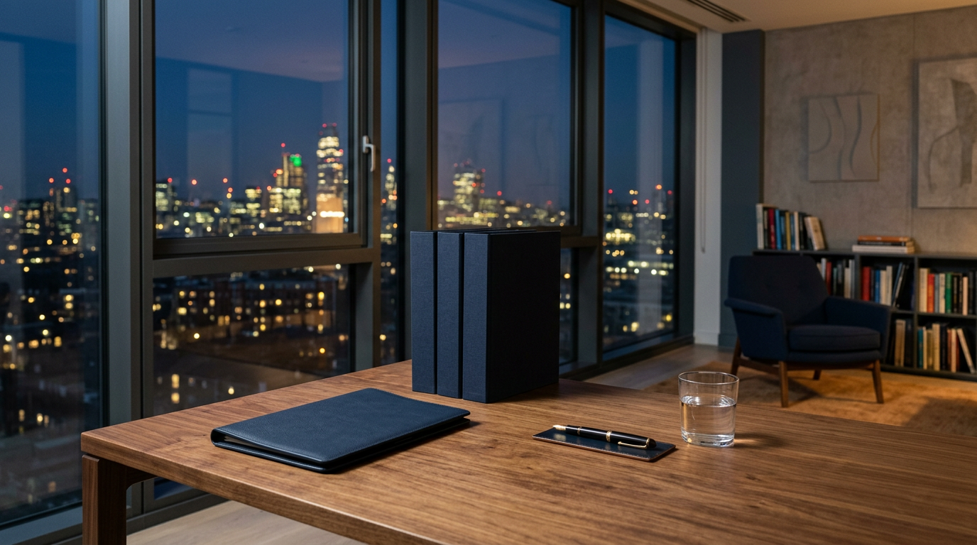 A tidy founder’s office at dusk with a closed leather folder, stacked binders and city lights through the window