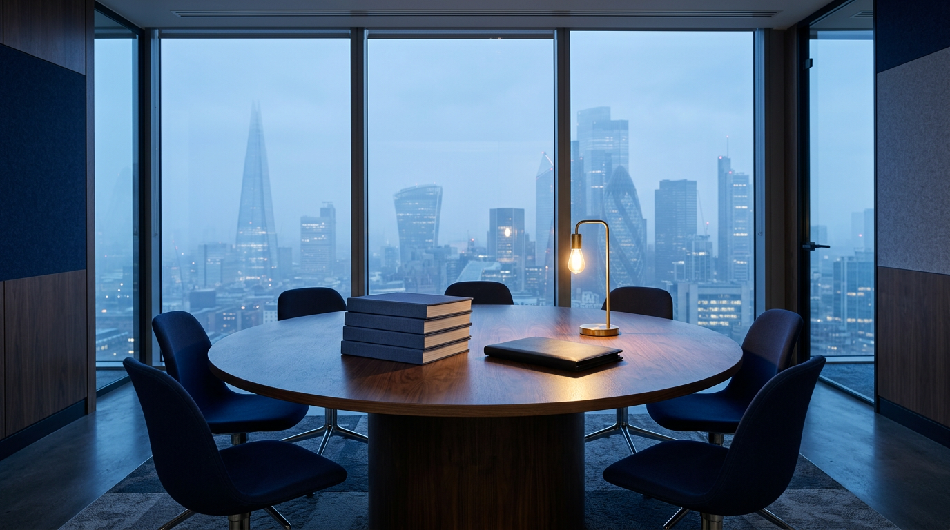 An empty fund office meeting room at dawn with a stack of navy binders, a closed portfolio and a brass lamp, misty city skyline behind