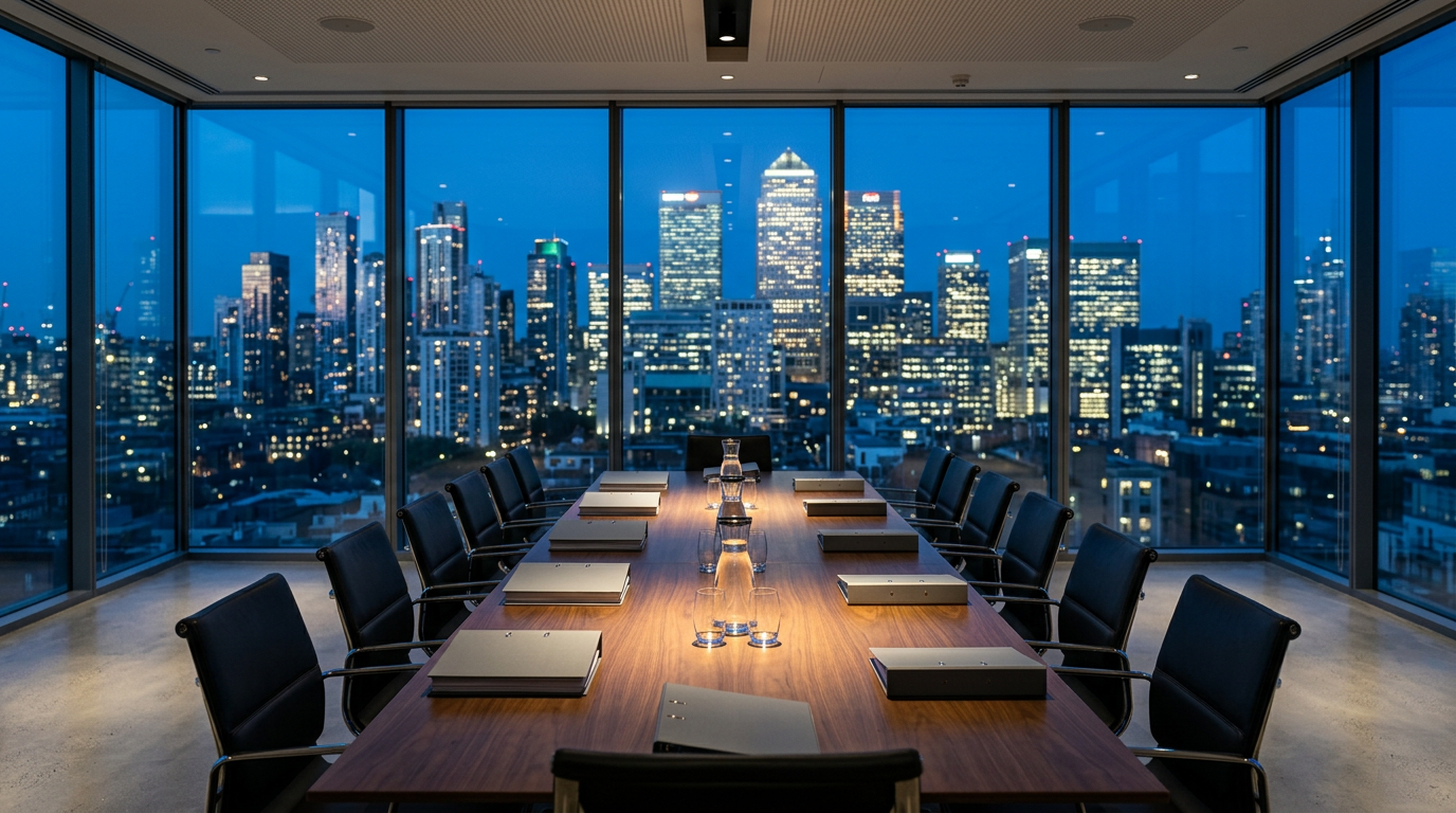 An empty boardroom at dusk with a long walnut table, closed binders and leather chairs in front of a lit city skyline