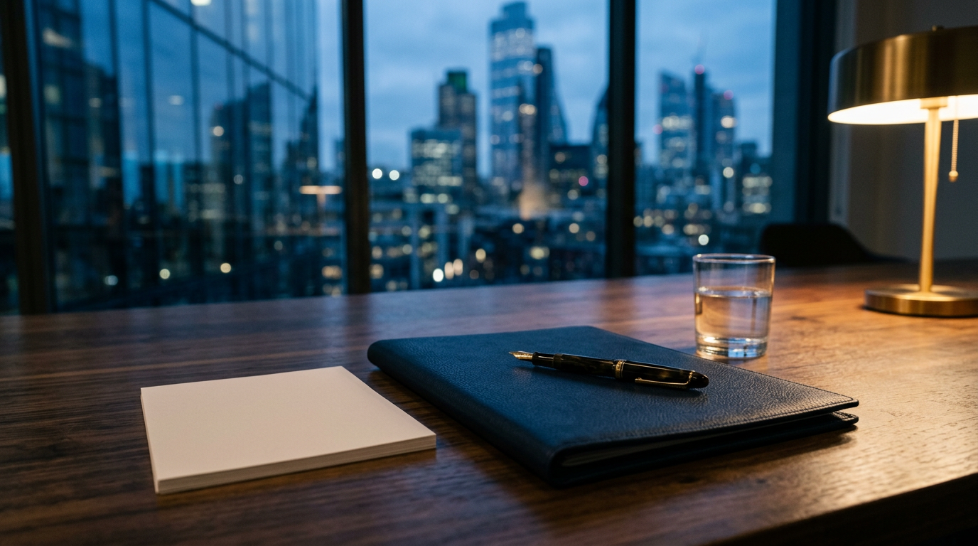 A closed navy leather folder and fountain pen on a walnut boardroom table at dusk, city towers through the window