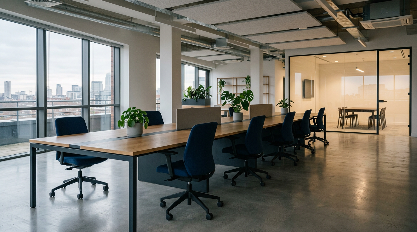 An empty modern office in morning light with two clusters of desks joined into one long shared bench
