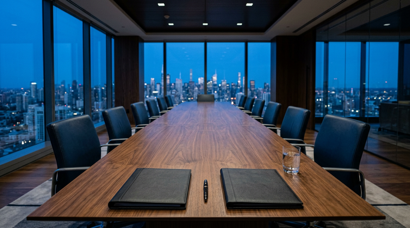 An empty boardroom at dusk with two closed leather folders and a pen on a walnut table, city skyline behind