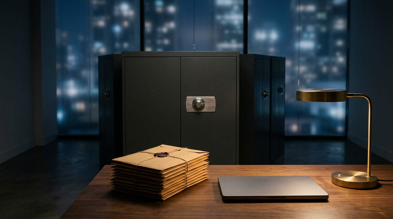 A quiet secure document room at night with steel filing cabinets, sealed envelopes and a closed laptop on a walnut table