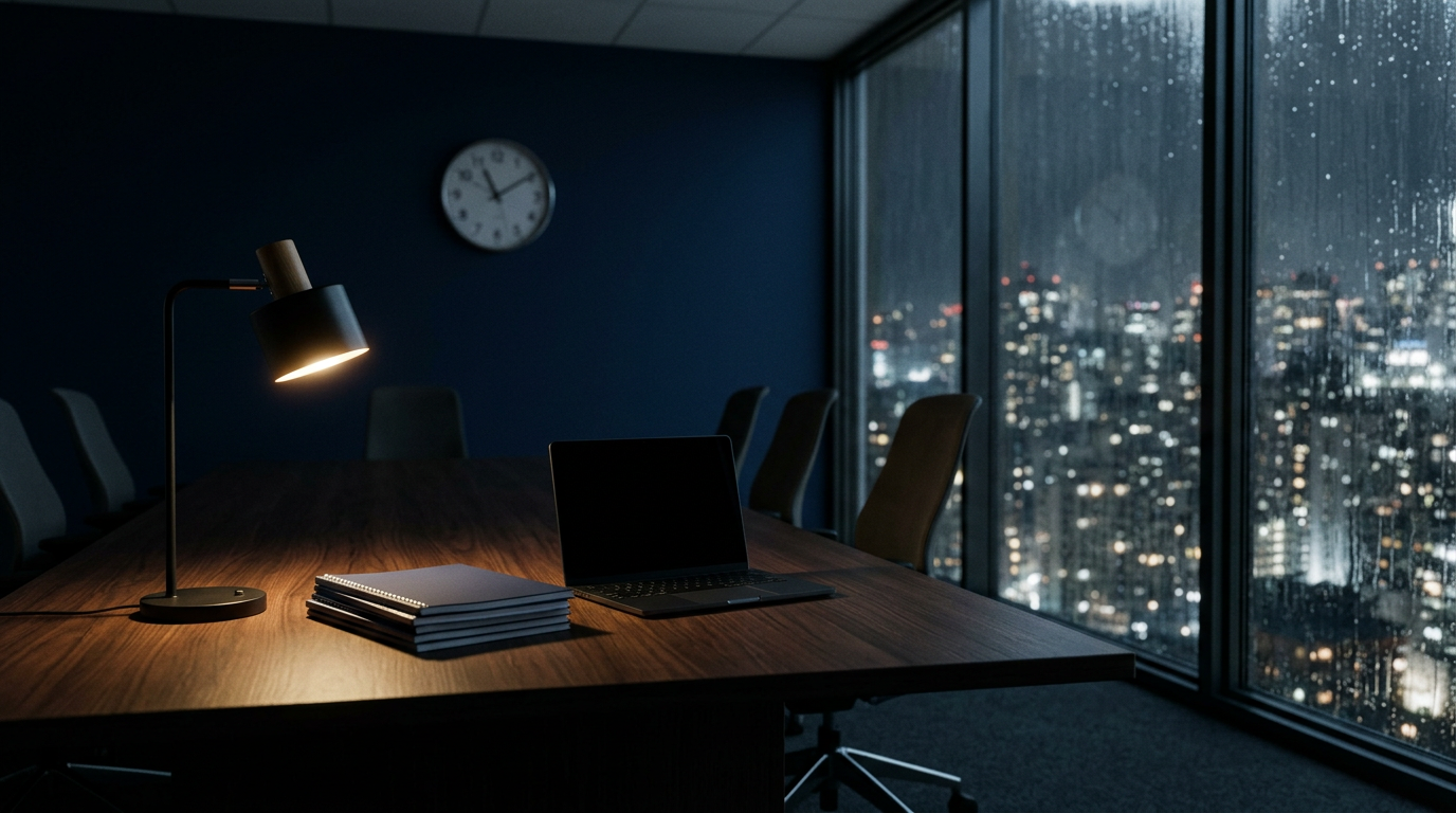 An empty boardroom at night with a lamp lighting a stack of documents and a closed laptop
