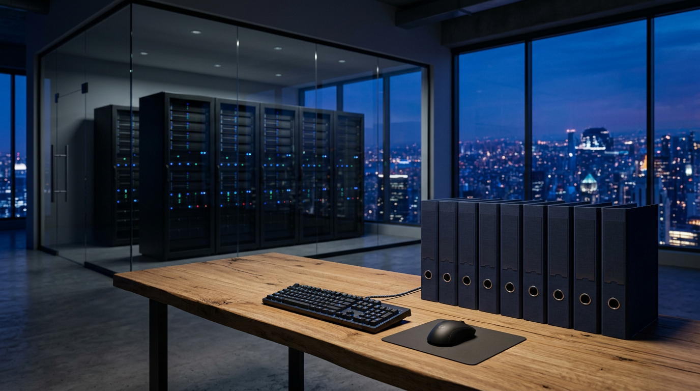 An empty engineering office at dusk with closed laptops, plain binders and a glass server room glowing blue behind