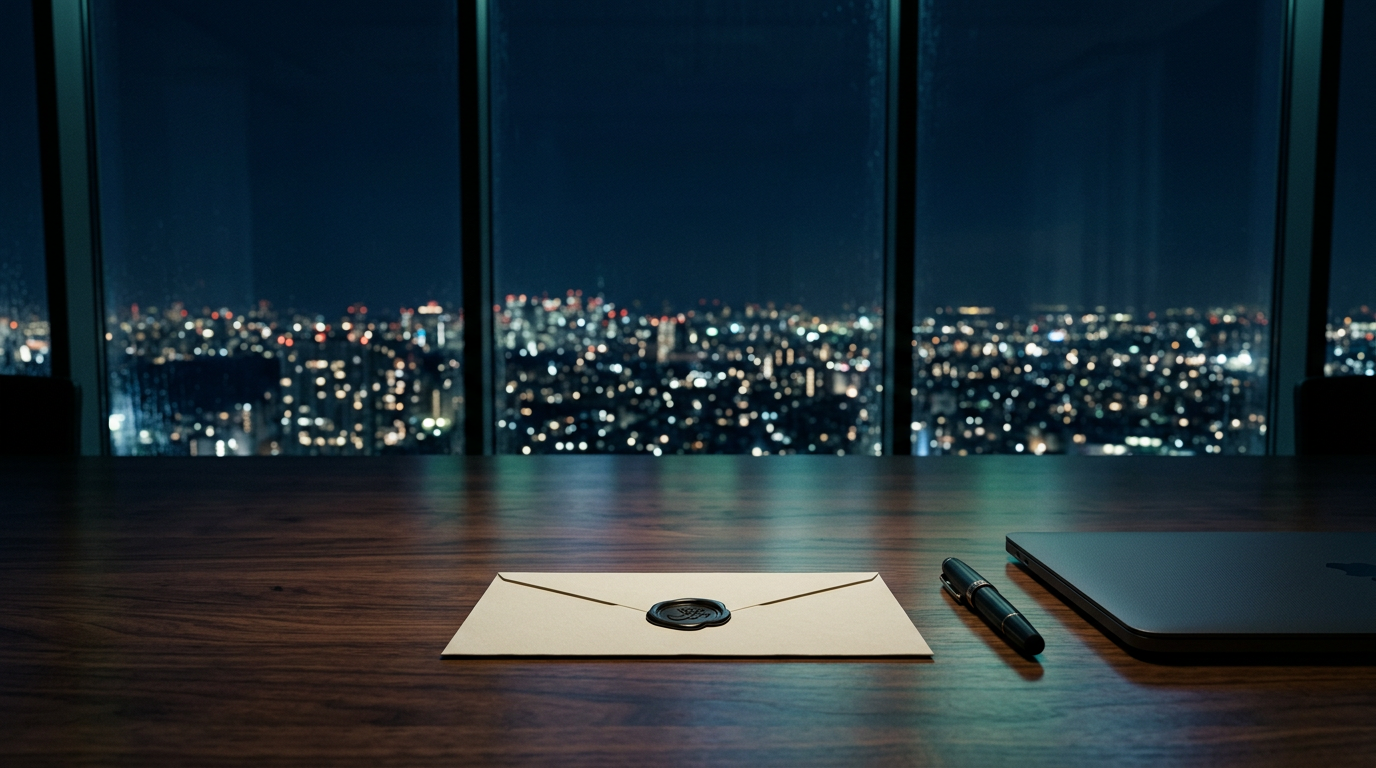 A sealed envelope resting on a boardroom table at night with city lights behind