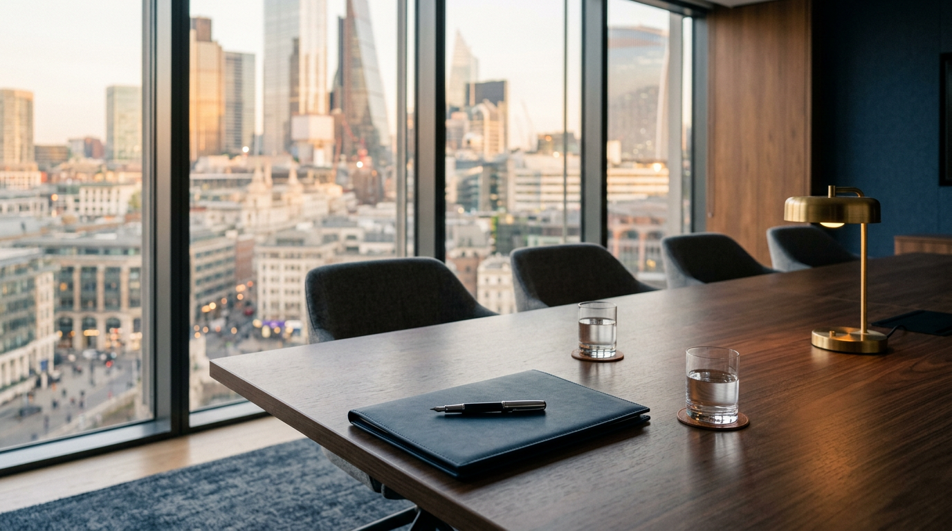An empty lender meeting room with a walnut table, a closed navy folder, a fountain pen and a brass lamp, city skyline behind