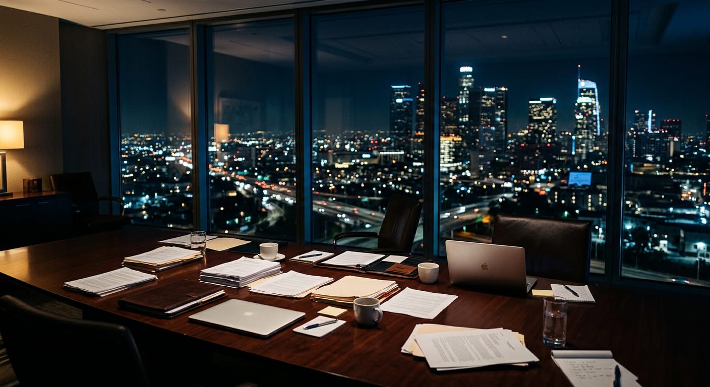 A studio boardroom at night with merger papers spread across the table and the Los Angeles skyline beyond