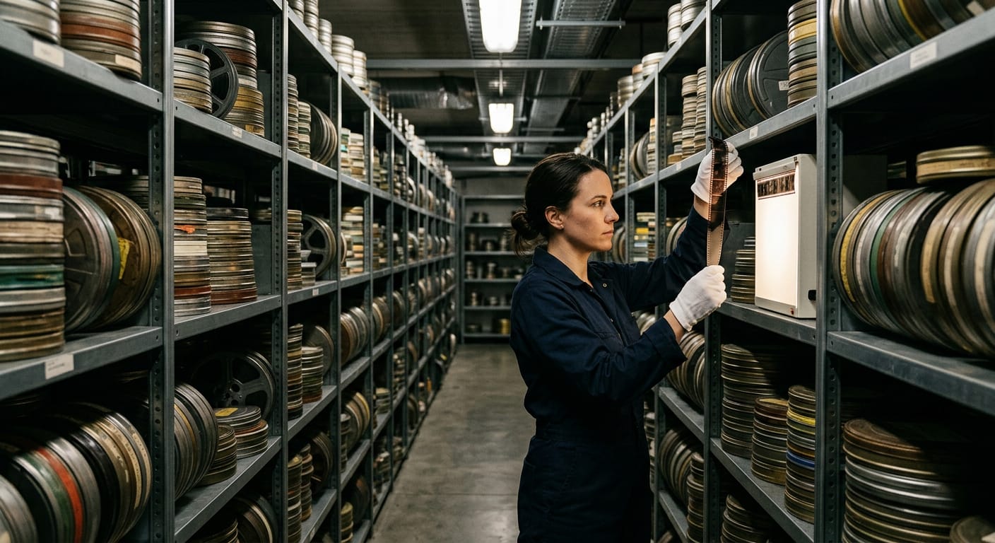 An archivist inspecting 35mm film inside a studio film vault, the kind of library Paramount is acquiring