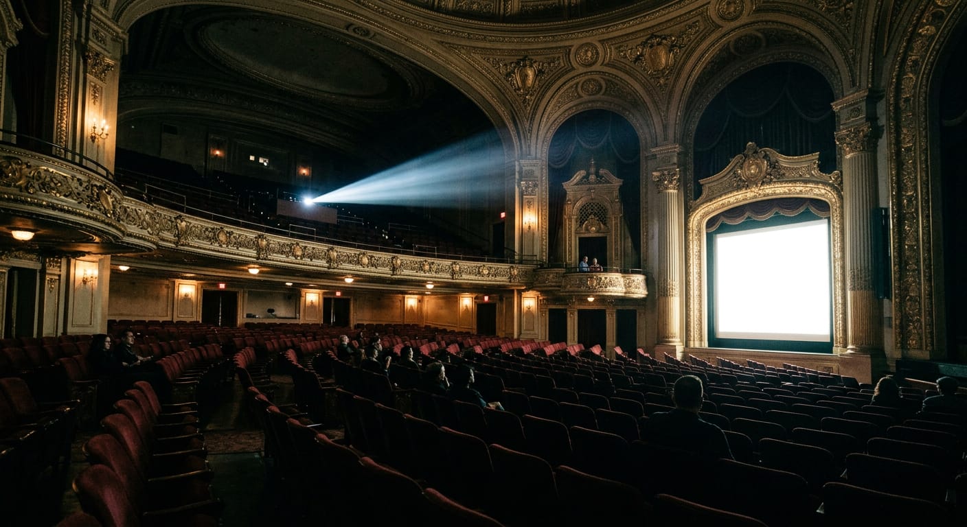 A classic movie palace auditorium with a projector beam cutting through the dark