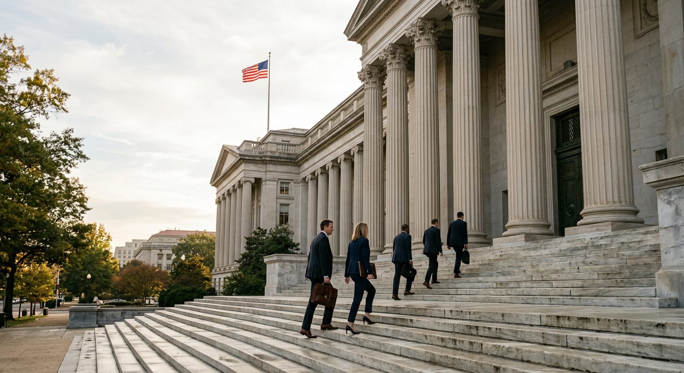 The columned steps of a federal government building in Washington DC, where antitrust review takes place