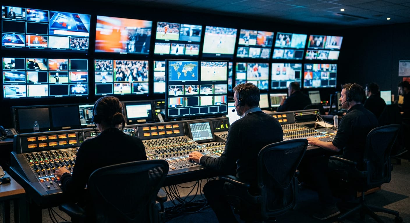 A live television broadcast control room, representing the news and sports networks in the combined group