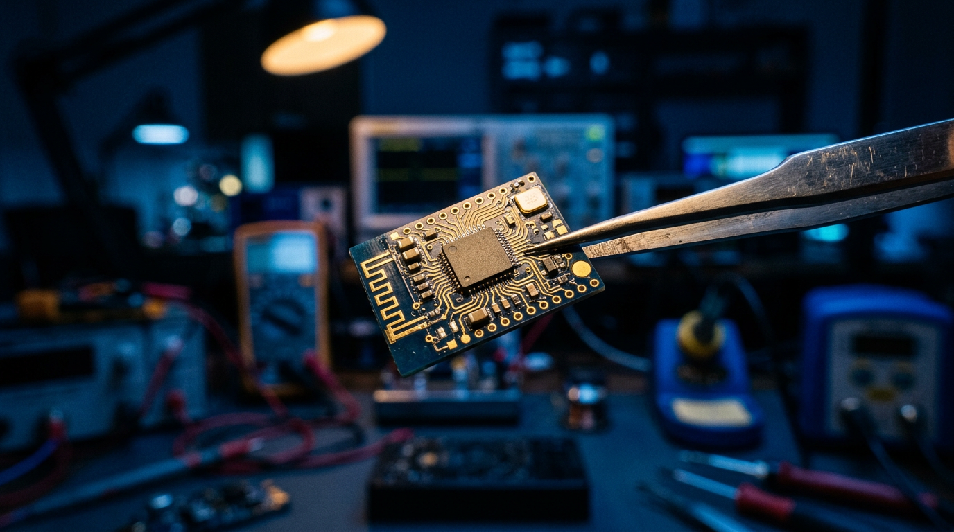 Macro view of a tiny microcontroller on a wearable sensor board held in tweezers