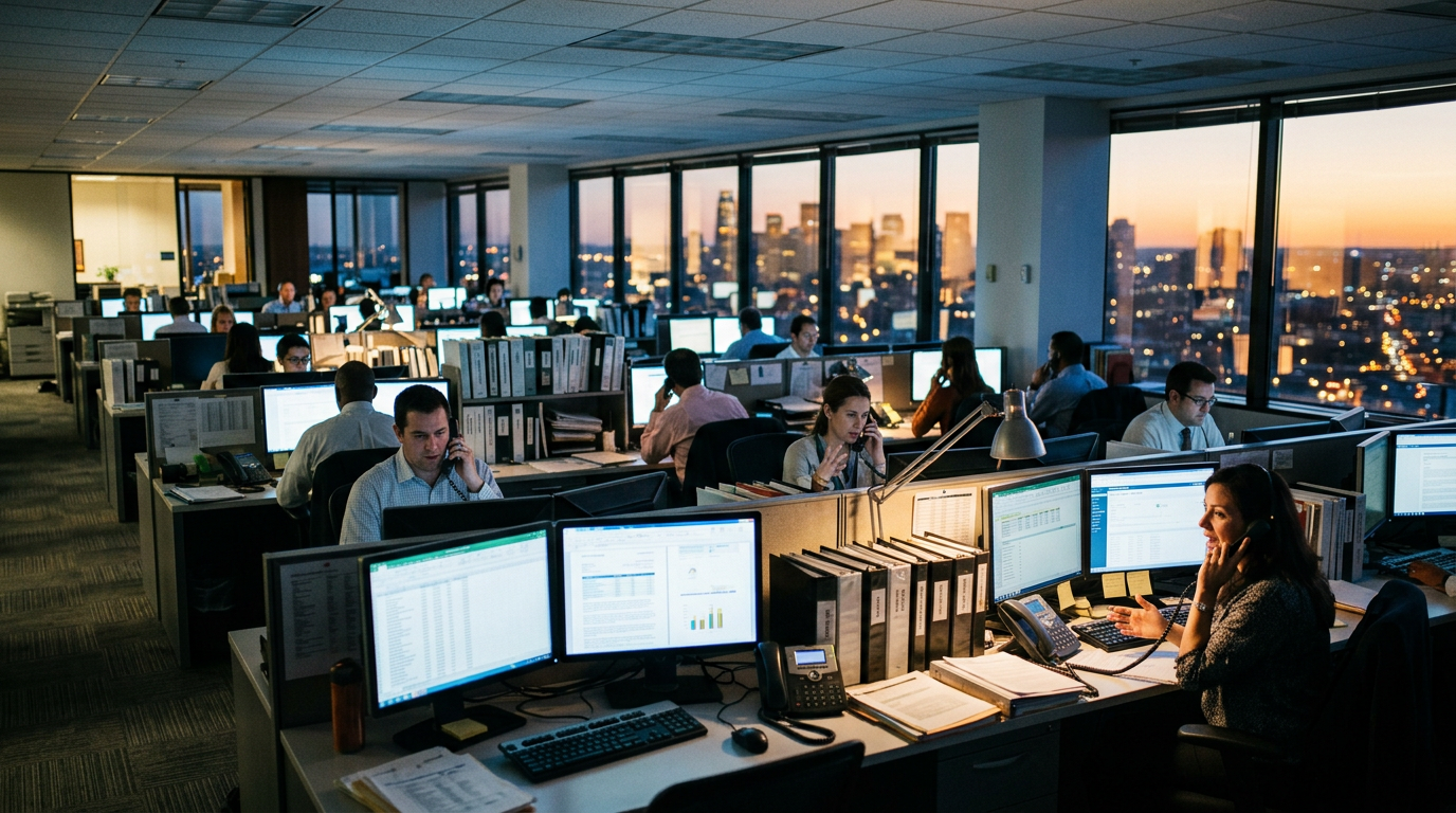 Account managers working at desks on an insurance brokerage floor at dusk
