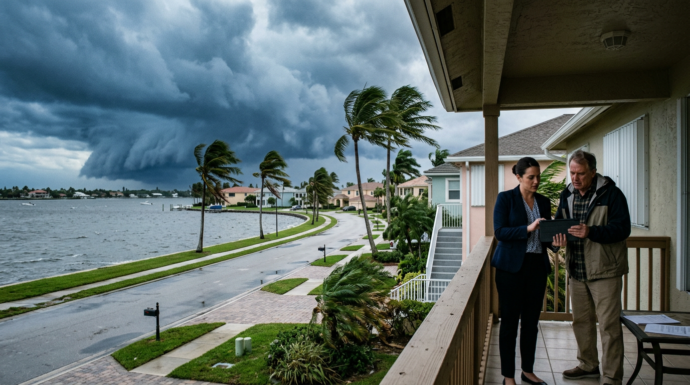 An insurance adviser reviewing a tablet with a homeowner on a Florida waterfront street under storm clouds