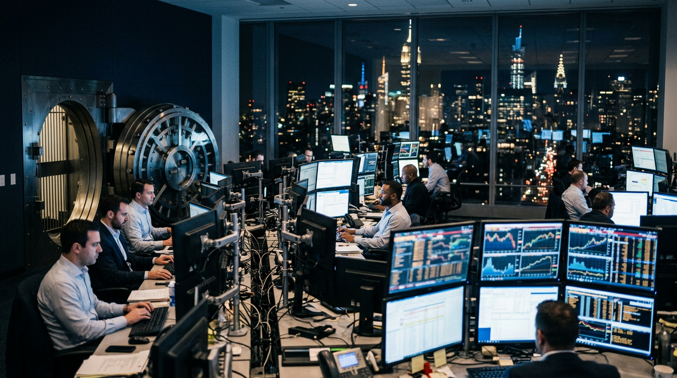 An institutional trading desk at night with traders facing screens of price charts