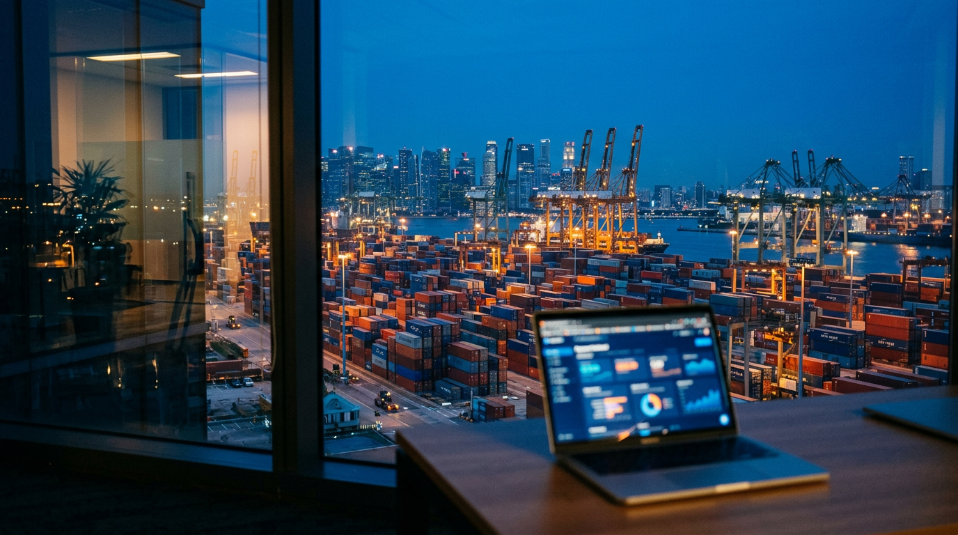 A container port at blue hour seen from an office with a payment dashboard on a laptop