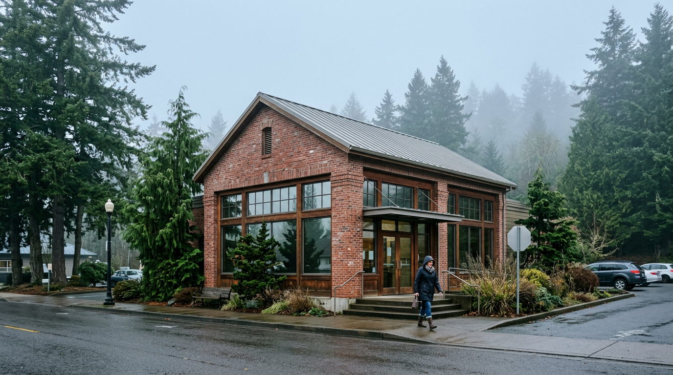 A regional bank branch in the Pacific Northwest on a misty morning