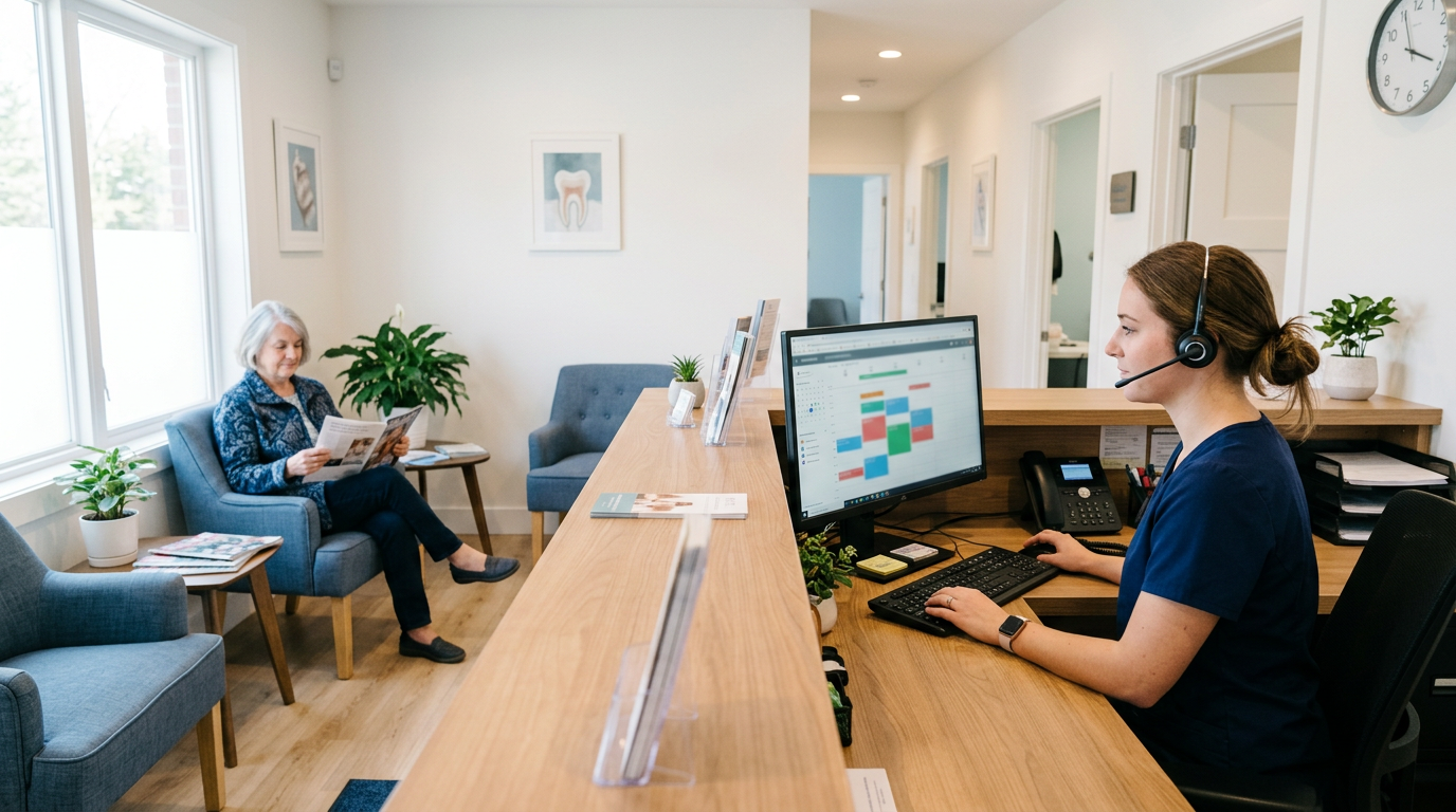 A dental practice receptionist with a headset at a front desk computer