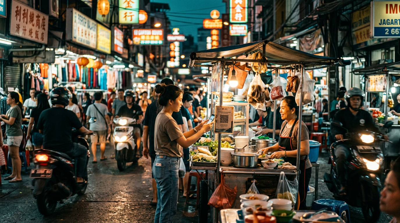 A shopper paying by phone at a night market stall in a Southeast Asian city
