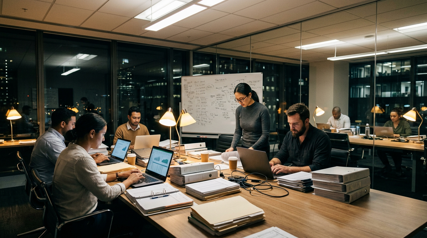 Accountants working late in a glass-walled conference room surrounded by ledgers and laptops