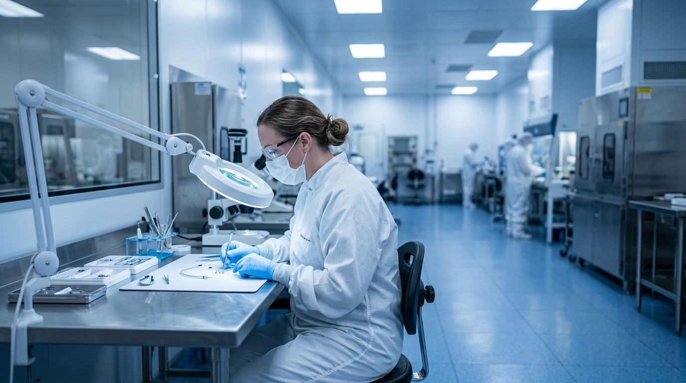 A cleanroom technician inspecting tiny precision medical components under a magnifier